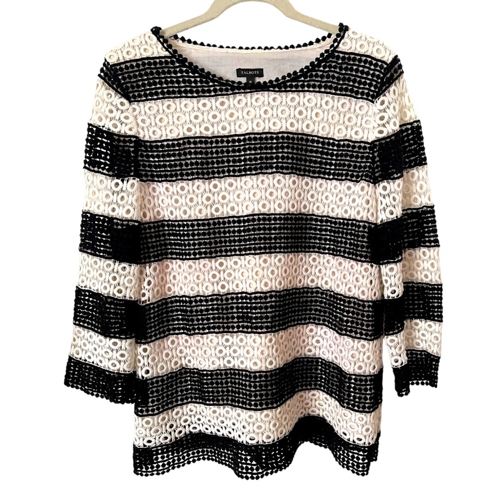 Talbots Crochet‎ Lace Overlay Striped Blouse Top Black Ivory Lined 3/4 Sleeves M - Picture 2 of 6